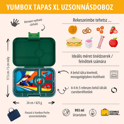 Yumbox Tapas XL Greenwich green / Race Cars (4 compartimente)
