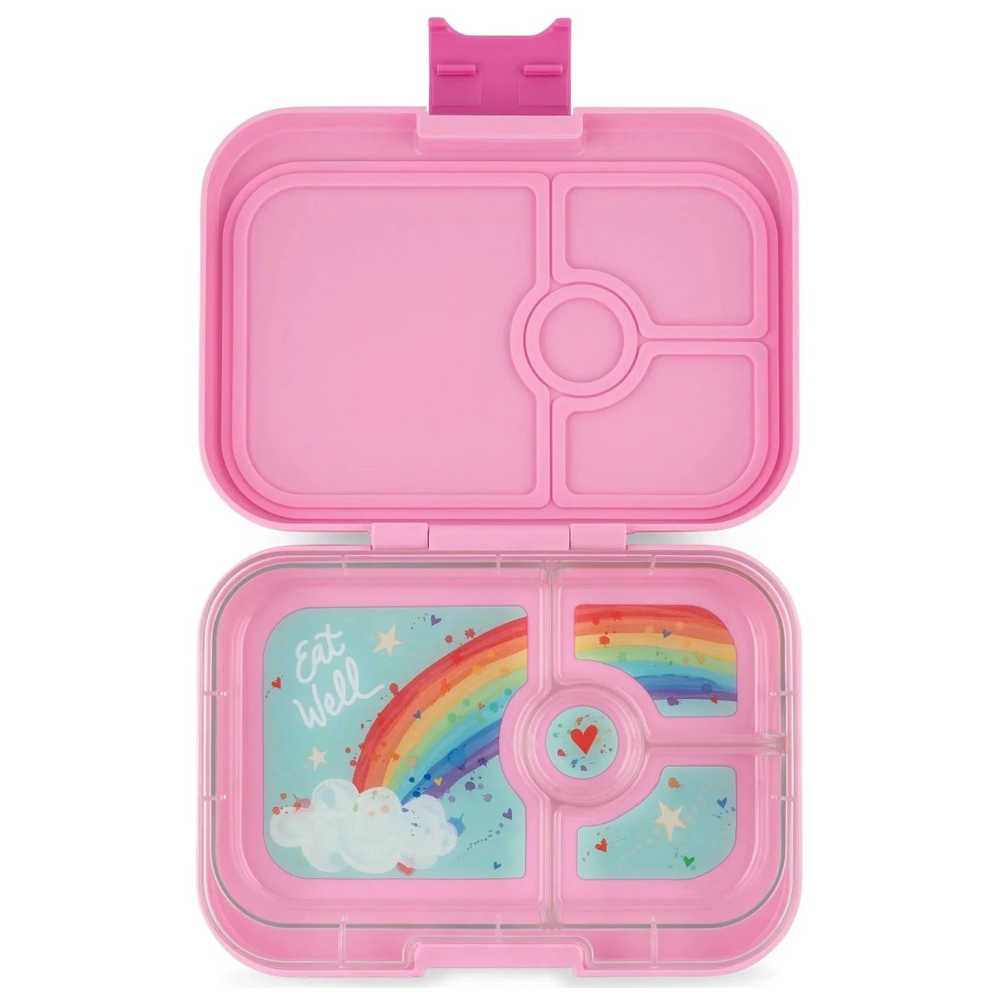 Yumbox Panino Power Pink uzsonnásdoboz, belső tálcáján szivárvány mintával